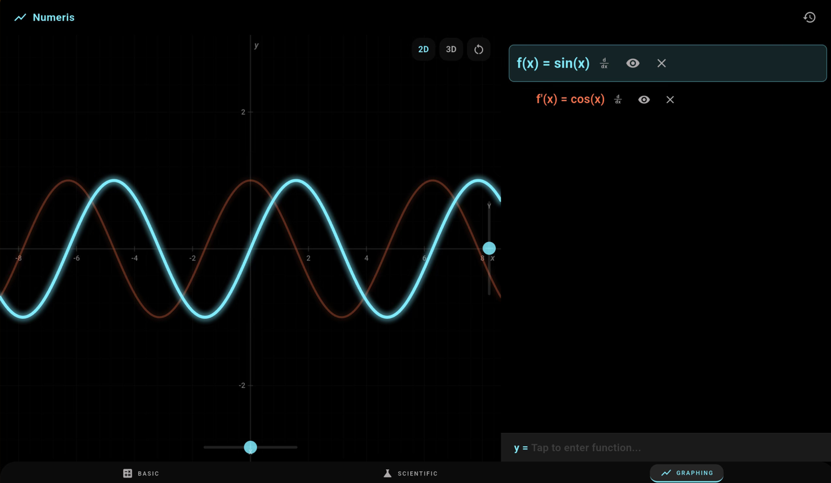 Numeris — Graphing mode with function and derivative
