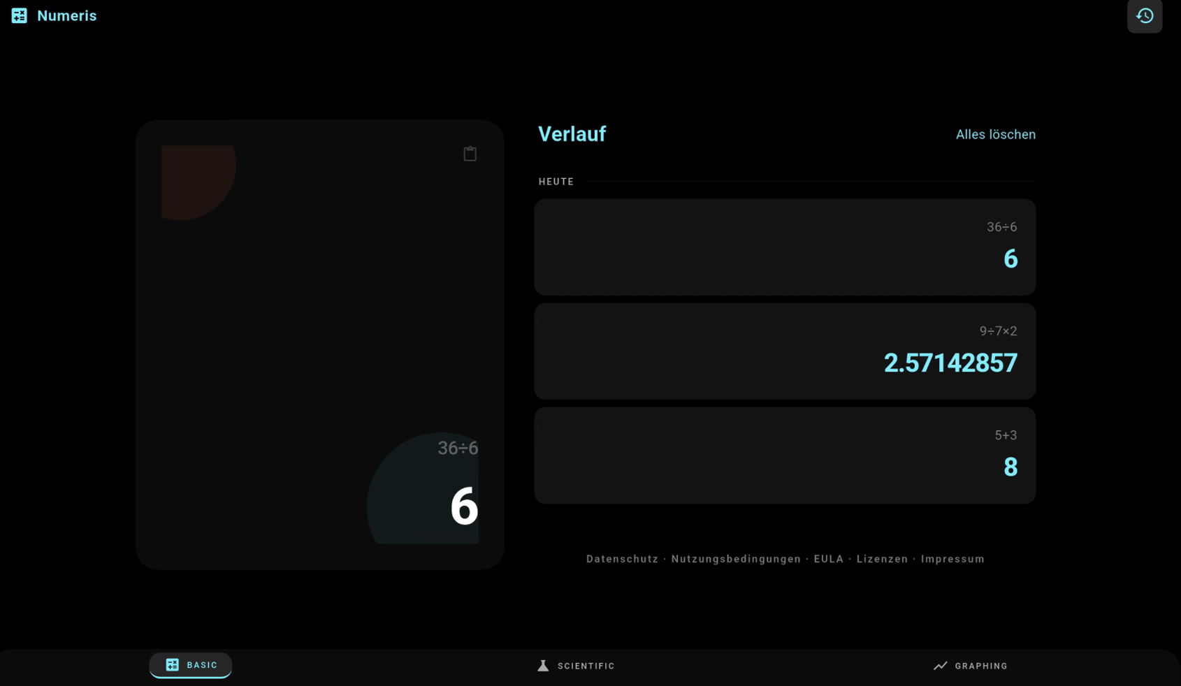 Numeris — lokale Verlaufsansicht mit letzten Rechnungen
